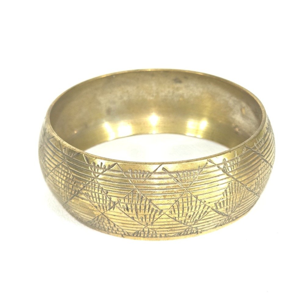 Vintage 1980s Brass Wide Cuff Bracelet Geometric Designer Harvest Wheat Bohemian